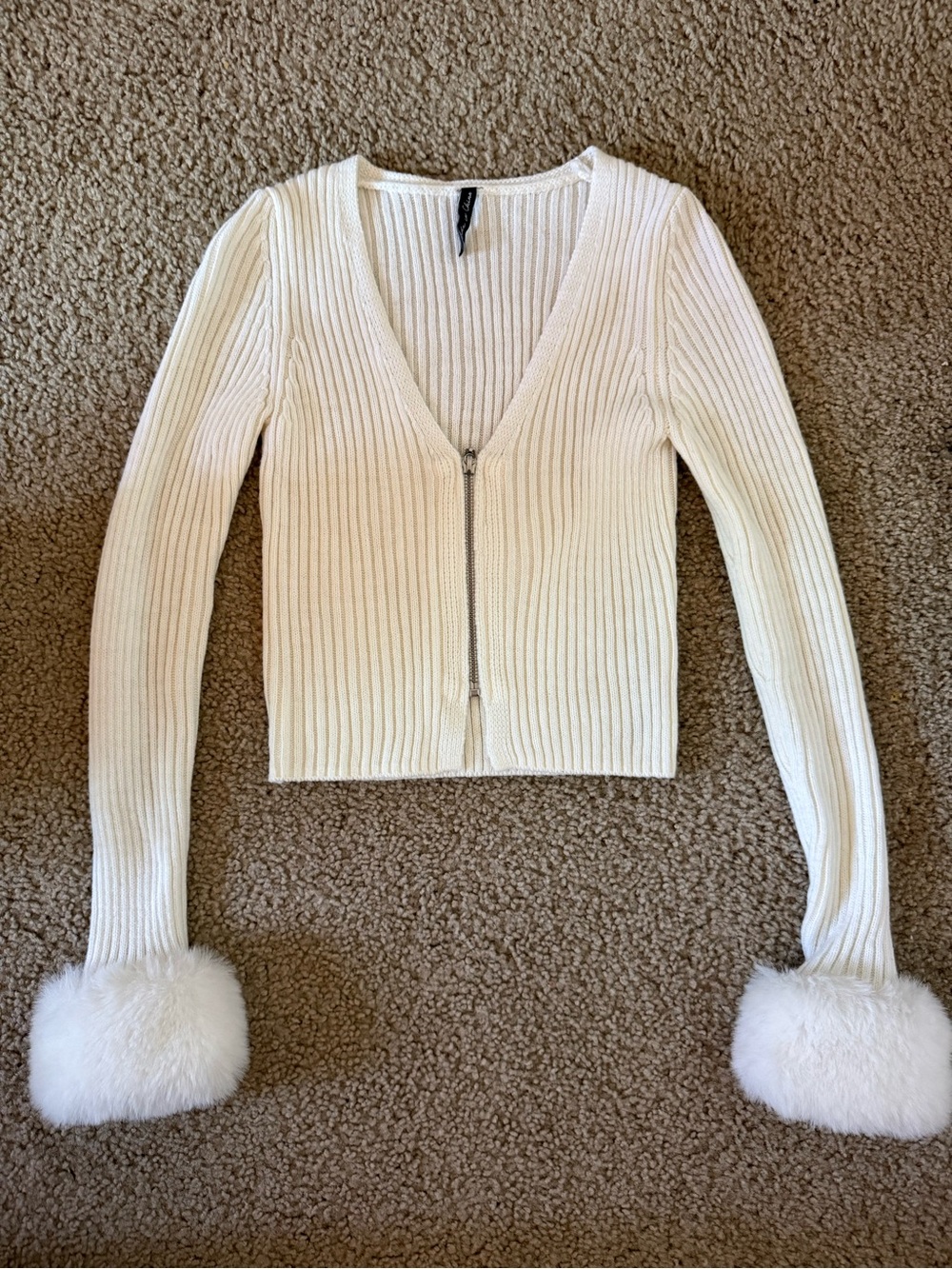 Cream Ribbed V-Neck Zip Cardigan with Faux Fur Cuffs